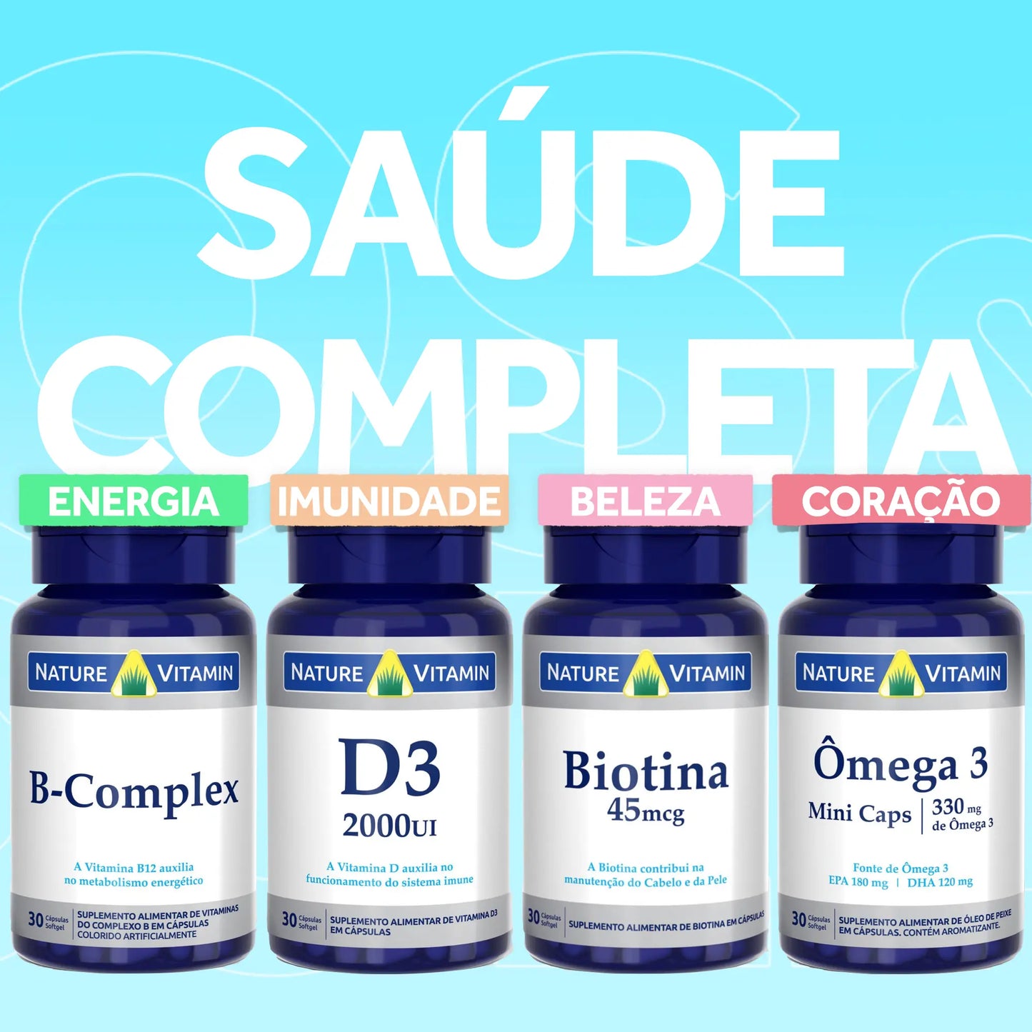 Kit Saúde Completa: Ômega 3, Vitamina D3, Complexo B, Biotina