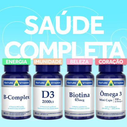 Kit Saúde Completa: Ômega 3, Vitamina D3, Complexo B, Biotina
